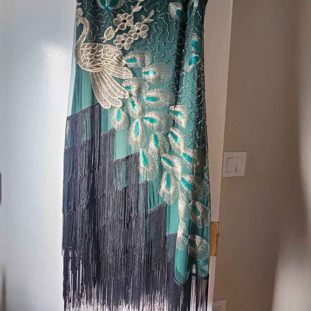 Green beaded Flapper Dress peacock black fringe